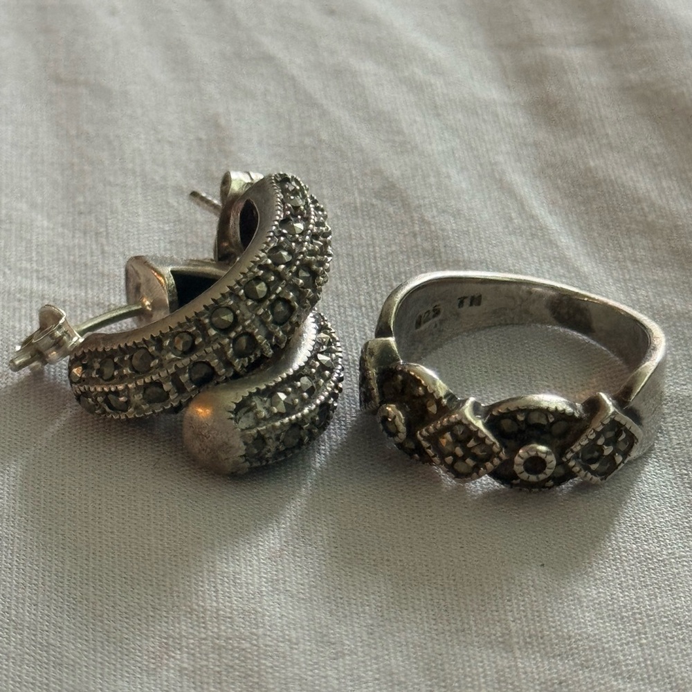 925 Silver Marcasite Earrings Ring Set
